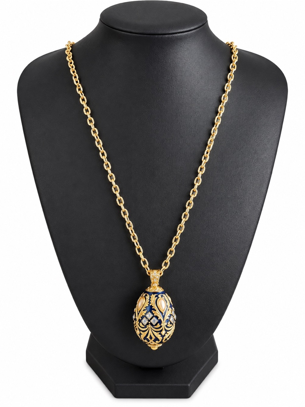 Joan Rivers Fabergé Imperial Style Blue Enamel and Pearl Egg Pendant Necklace